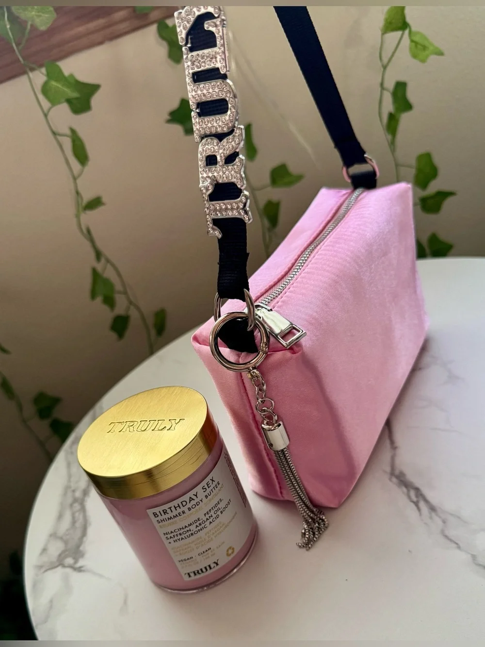 TRULY Pink Satin Pouch with Crystal Letter Strap and body butter set